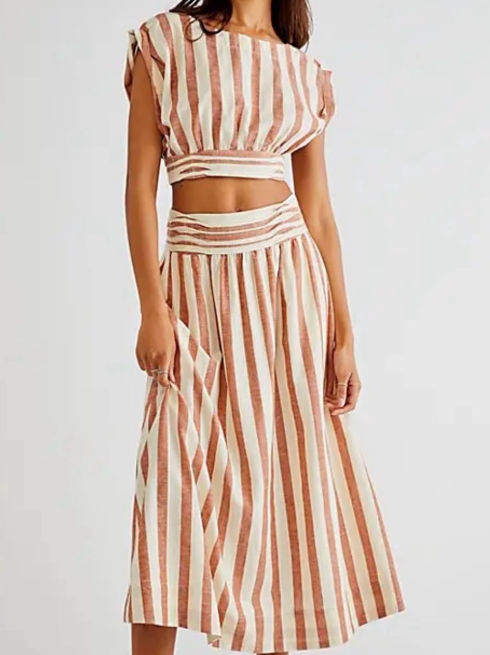 Free People Rust and Cream Vertical Stripe Two-Piece Skirt Set. Size Small